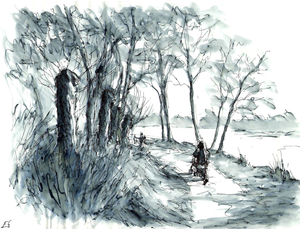 Verzameling van inkt studies schetsen en tekeningen van verschillende onderwerpen.