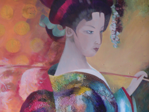 De geisha is een van mijn inspiratie bronnen. Hun taak bij de thee ceremonie spreekt tot de verbeelding in deze lang vervlogen Japanse  cultuur. Hun rijk bewerkte kimono's zijn een kleurrijk spel van grafische vormen en bloemrijke motieven. tevens sluit het mooi aan bij de Raku techniek, welke ook zijn oorsprong had in het Boeddhistische denken van toen. 