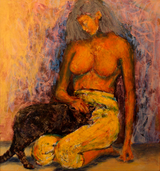 Madonna met poes in gele broek