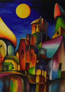 Deze kleurrijke stadskunst is mijn manier om de wereld te zien met een gelukkig licht erop. Ik schilder gekleurde stadjes, waarvan het lijkt alsof je ze kunt bouwen. Maar als je goed kijkt blijkt dat niet mogelijk.

