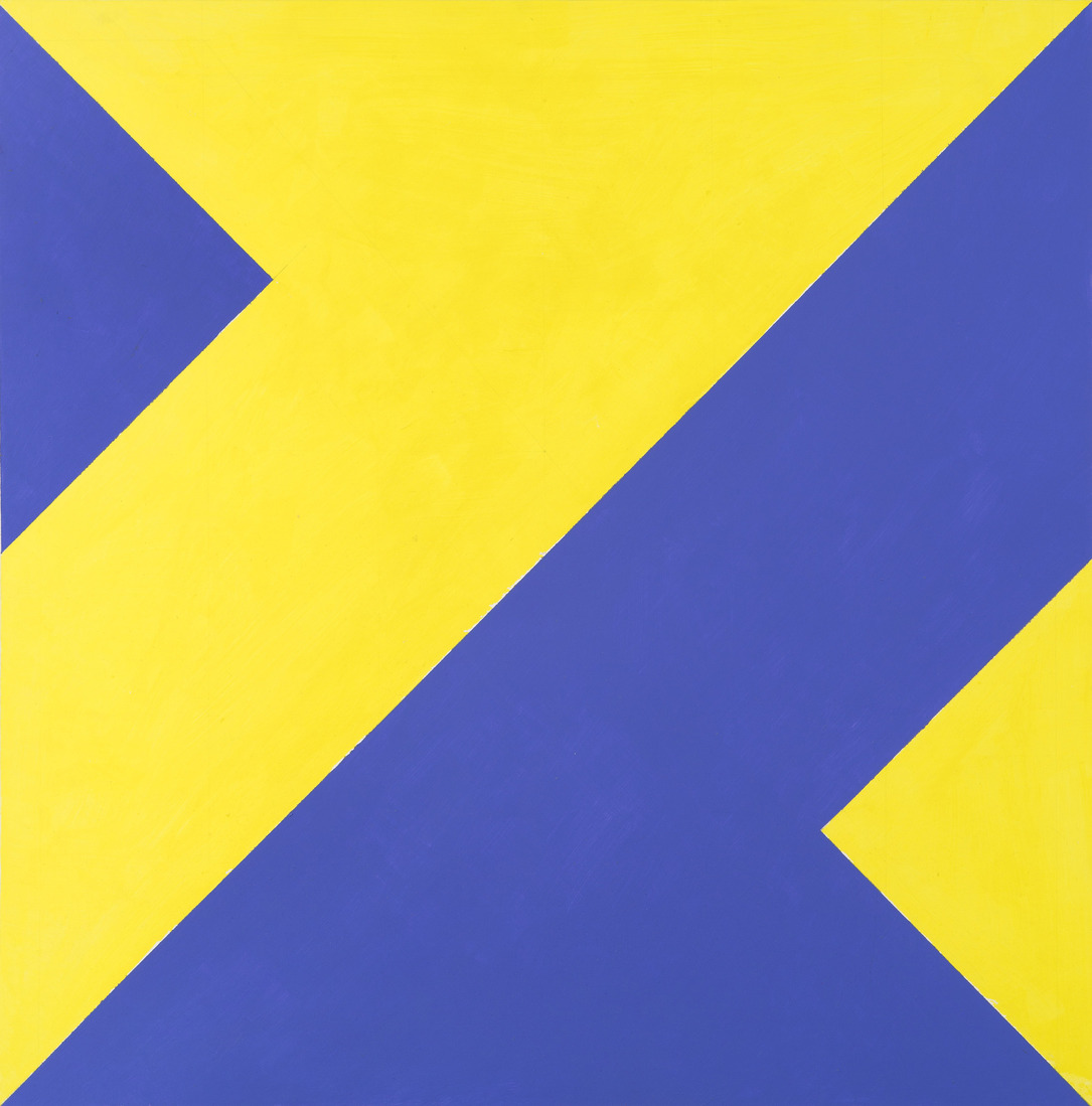 'Tweedeling kwadraat in geel-paars' - kleurige geometrisch-abstracte schilderkunst