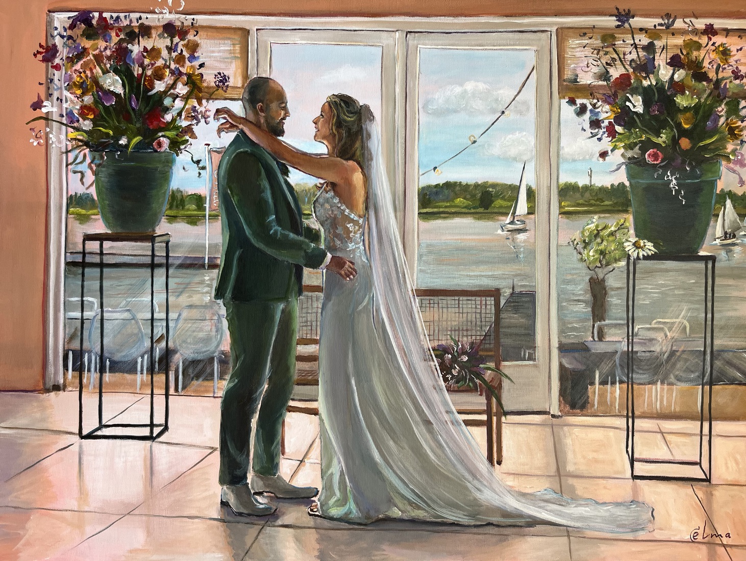 Bruidspaar bij brasserie Milo, Kaageiland