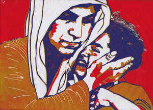 Serie linosnede/linodruk van vluchtelinge