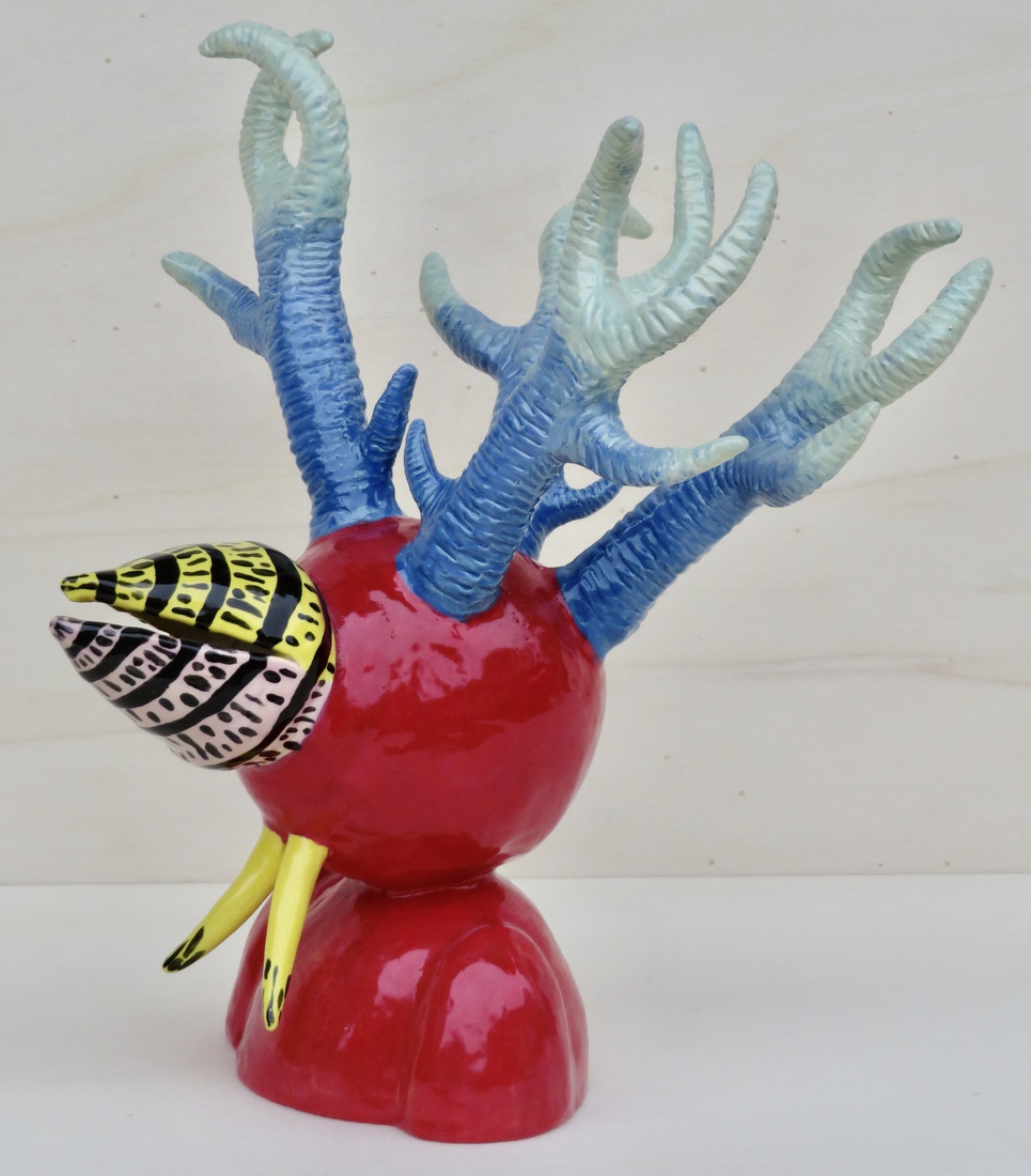 Wit blauwe hoorn kop rood met gele snavel