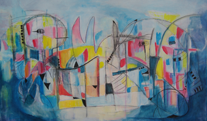 Deze werken komen intuïtief tot stand en kenmerken zich door het gebruik van speelse losse vormen en lichte, heldere kleuren. Ze vertalen waar ik me op dat moment bevind en hoe ik daar mee omga.  