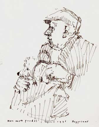 Man with poodle in shopping-bag