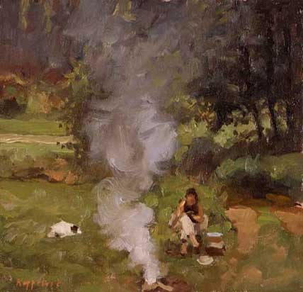 Saskia and Jopie at Camp-fire, Altmuehltal Germany