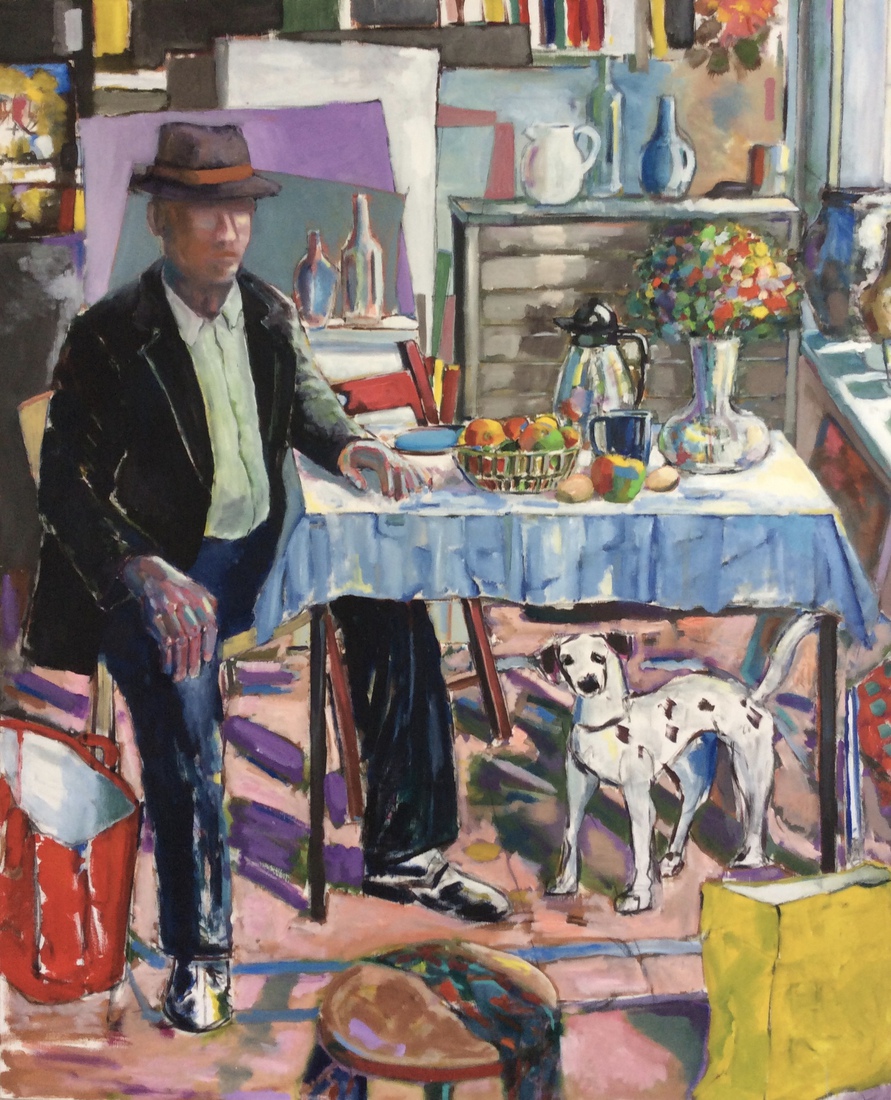 man met hond aan tafel