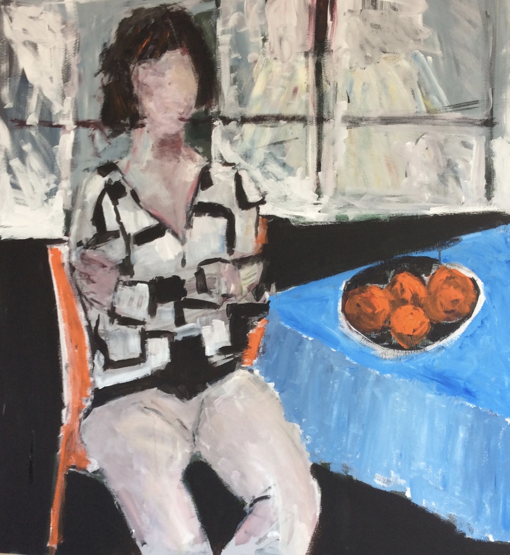 vrouw met fruitschaal