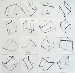 Ik onderzoek ook in mijn tekeningen de grenzen van ruimtelijkheid en stoffelijkheid. Sommige lijnen op de tekening verdwijnen in het papier waardoor er draaiïng en beweging wordt gesuggereerd.