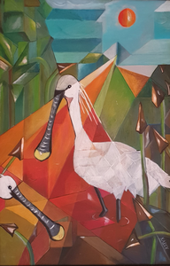 Vogels op doek, kleurrijk met kubistische inslag