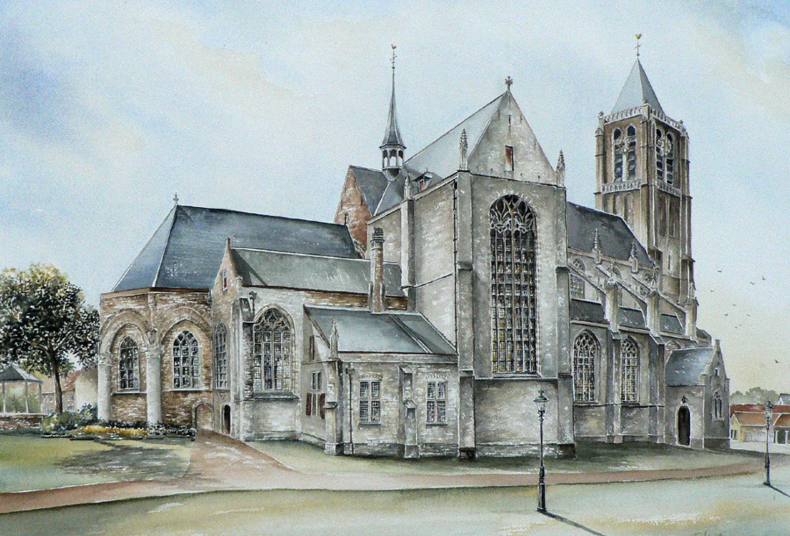 grote kerk Tholen-aquarel