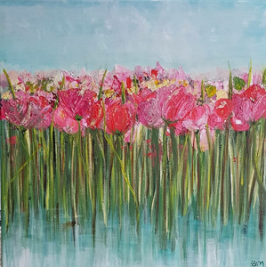 Bloemen acryl op doek.
Er is gebruik gemaakt van penseelstreken en palet mes