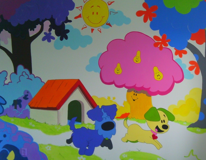 Muurschildering van woezel en pip