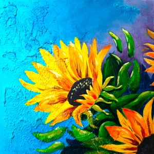 een serie zonnebloemen in verschillende technieken en maten