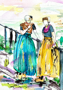 Mens en dier, in aquarel. 