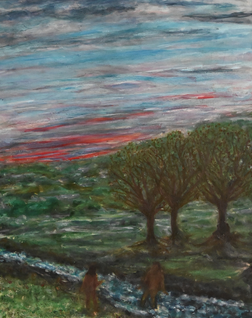 Drie bomen bij zonsondergang