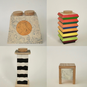 Kistjes, dozen, flessen, boxen, schalen, kortom dingen waar iets in bewaard of gepresenteerd zou kunnen worden. Allemaal gemaakt van triplex of ander houtmateriaal en beschilderd.
De containers zijn natuurlijk vooral bedoeld om als autonoom object neer te zetten