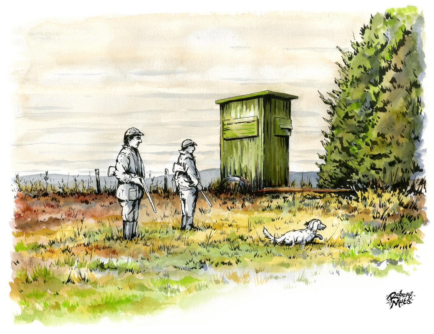 Jagers met hond tijdens jacht bij jagershut