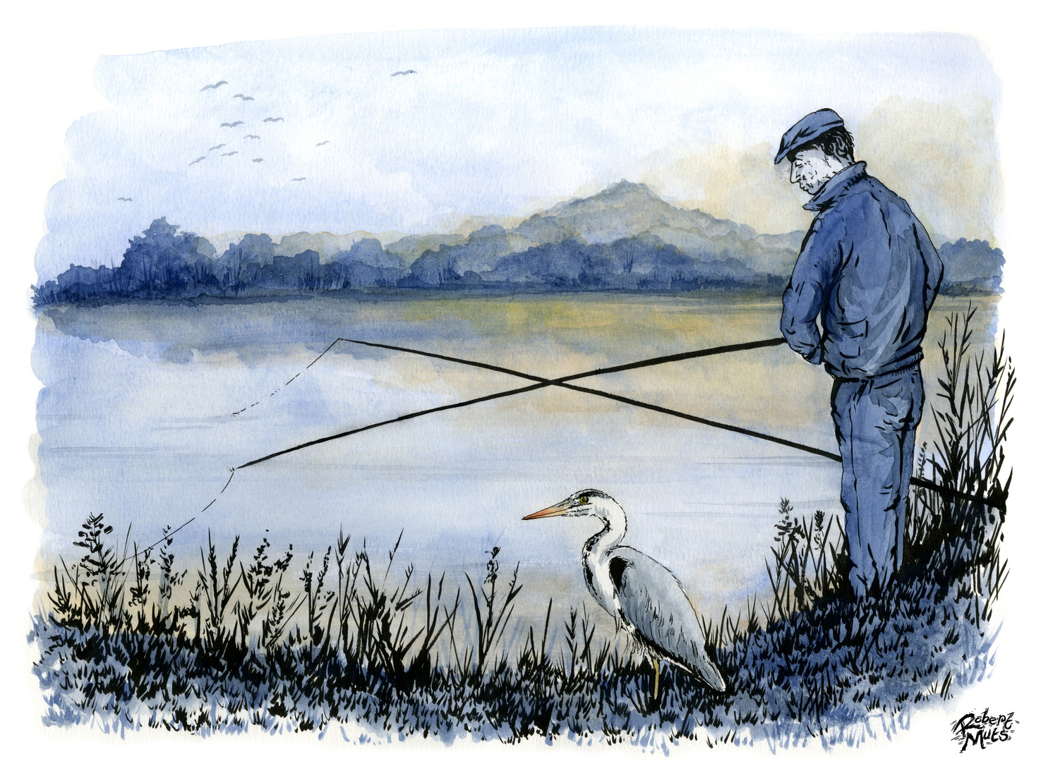 Visser en reiger bij visvijver