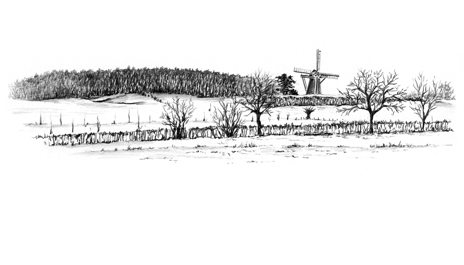 Zicht op molen Op de Vrouweheide tijdens de winter, Ubachsberg, Limburg