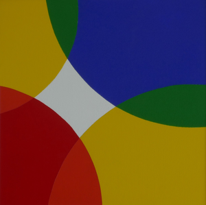 De primaire kleuren worden bij overlapping gemengd, waardoor er een kleurrijk patroon ontstaat.