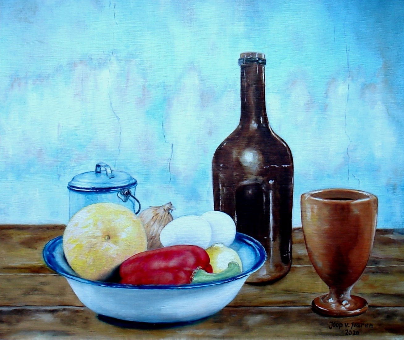 Stilleven met wijnfles.