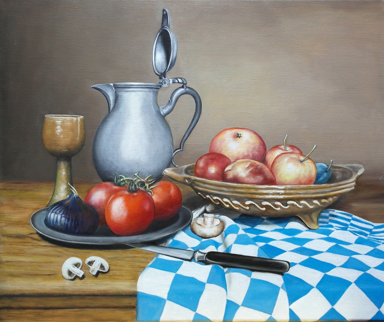 Stilleven met tinnen snavelkan