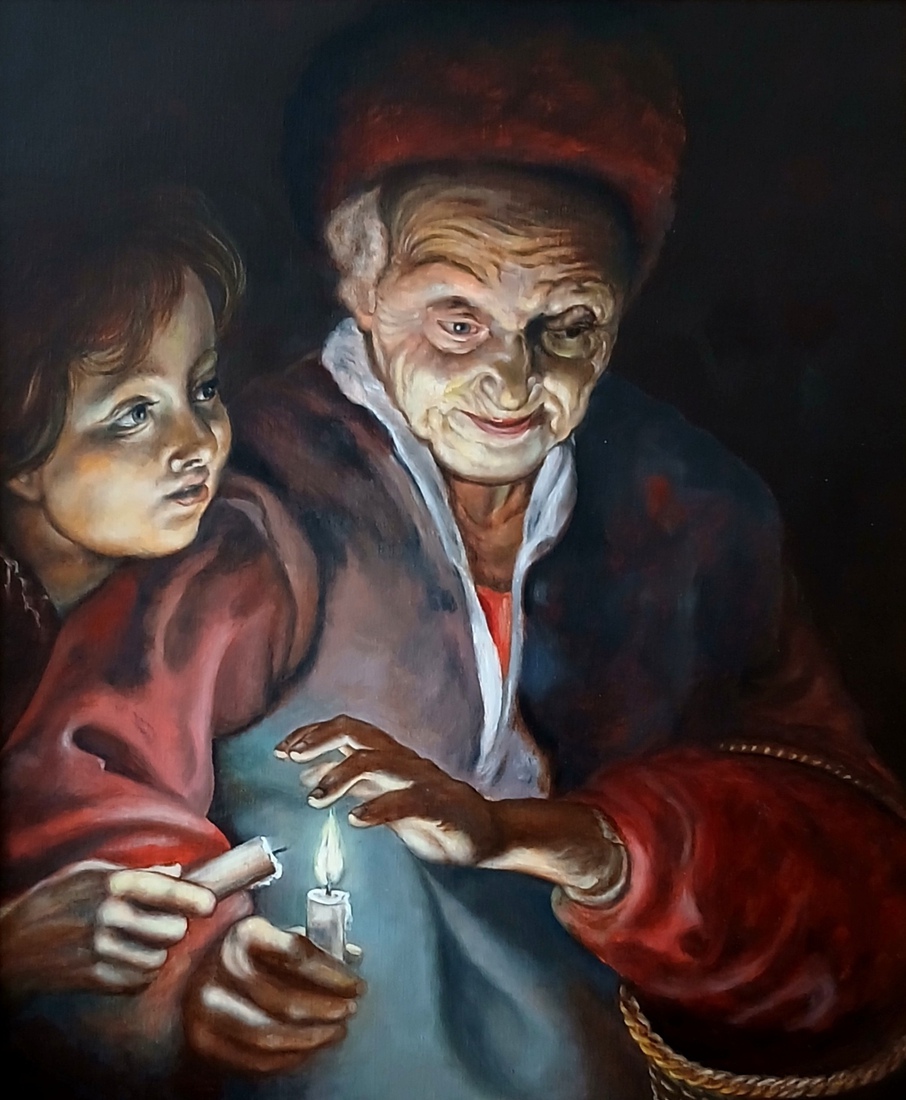 Oude vrouw met kaars.