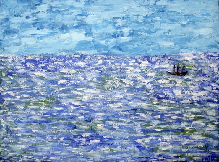 Fris zeegezicht met schip