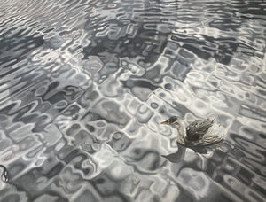 Geïnspireerd op  structuren van reflectie op water onder invloed van wind en wisselend licht, met vaak een natuurlijke bewoner
