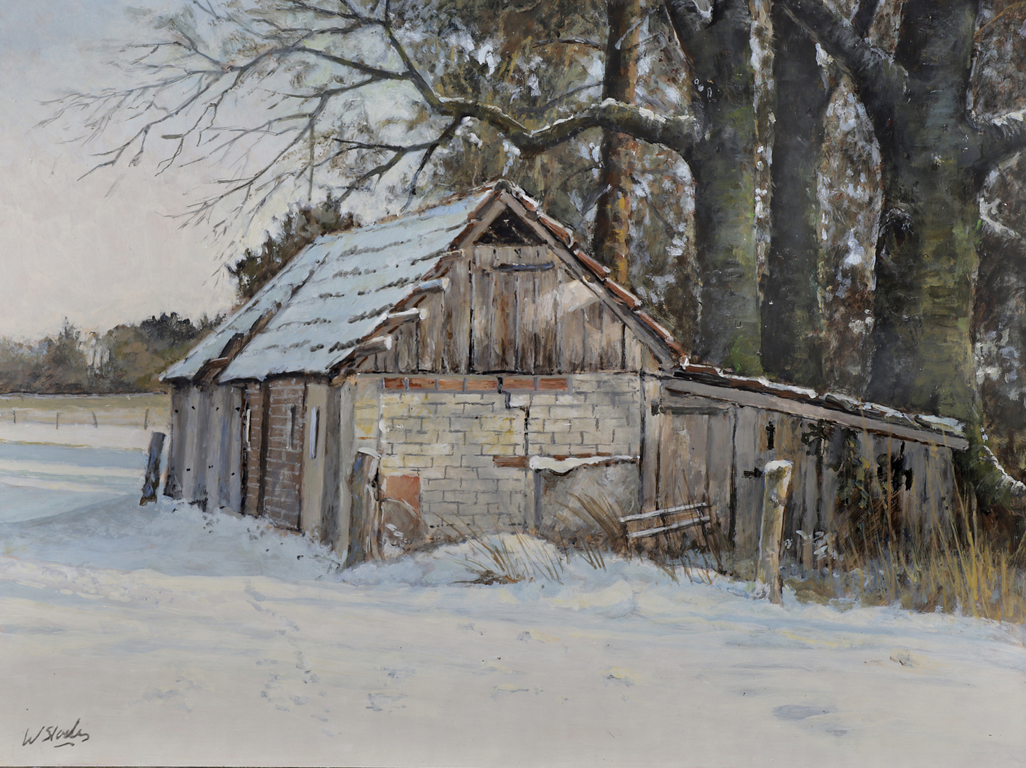 oude veeschuur in sneeuw