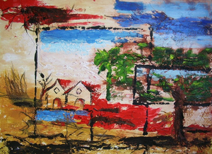 Kleurrijke landschappen bewerkt met palmvezels, zand enz.