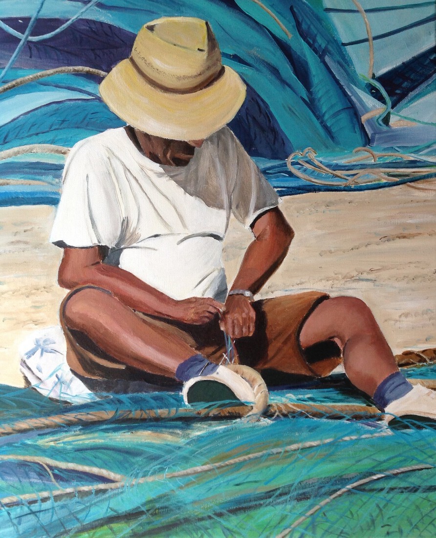 Visser die zijn netten boet, Calp, Spanje