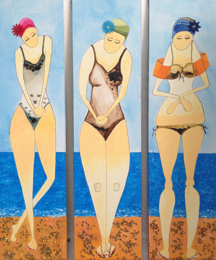 3 vrouwen in badkleding,drieluik