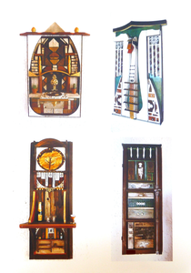 Compositie`s van afvalhout en materialen op een speelse wijze gecombineerd en samengebracht in zelfgemaakte wandpanelen.