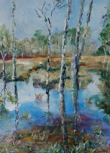 In Essen wonen we in een prachtige groene omgeving op een boogscheut van de Kalmthoutse Heide.  Dit is dan ook vaak het onderwerp van mijn werken.  Zowel acryl als aquarel komen aan bod.