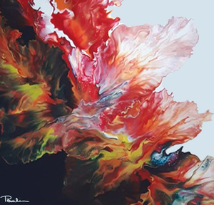 In deze groep een diversiteit aan werken met de techniek acryl pouring: structuren die variëren van bloemachtige vlammende vormen tot cellen, kolken, sterren, wervelingen, golven, sprekend tot de verbeelding. 