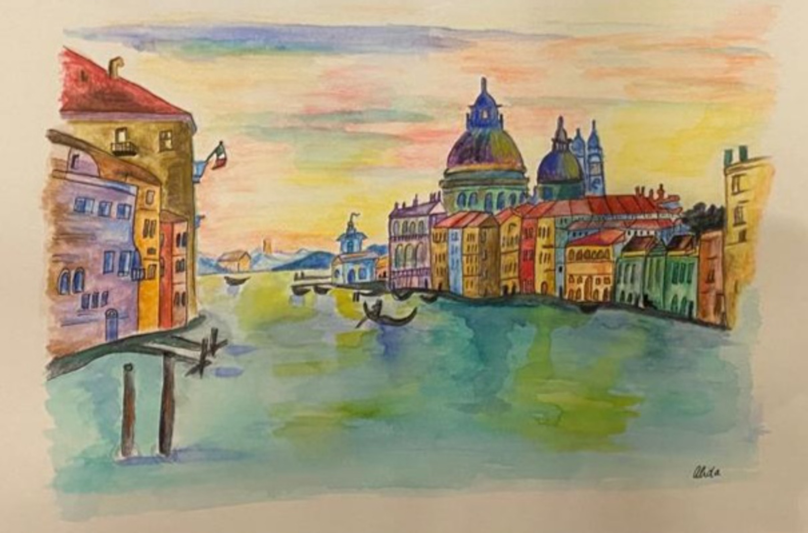 Stadsgezicht aquarel