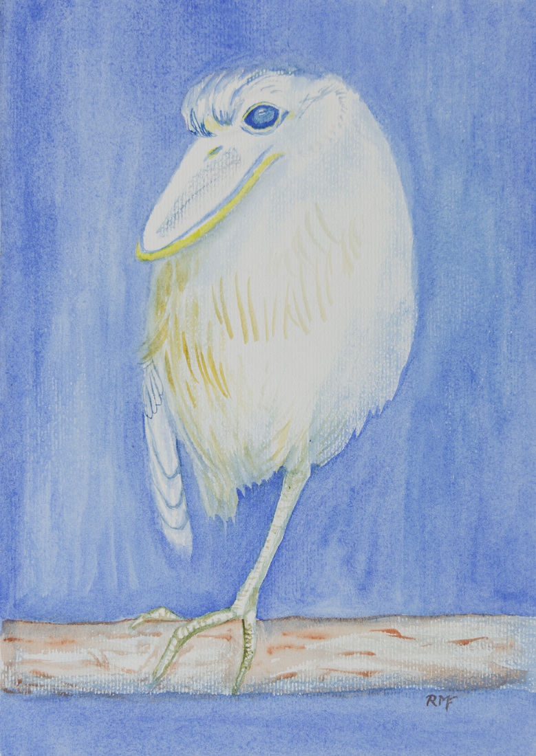 Blue white bird one foot