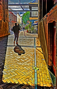 A kind of street photography but digitally painted into a still realistic yet colorful and imaginative image.