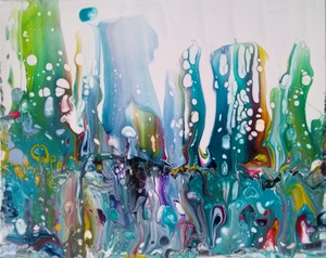 Acrylverf wordt verdund met mediums volgens (eigen) recept, tot een vloeibare massa. Jij bepaalt het globale patroon (dmv techniek) en kleursamenstelling, waarna de verf  zijn eigen weg vindt.