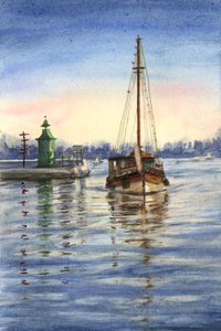 Zeegezichten, boten, een visser in een boot, of een aangespoeld voorwerp.  