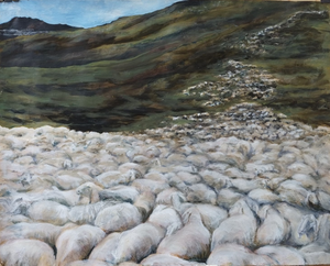 verzamelde mensen, schapen, hooligans, vogels in zwermen, vluchtend of wachtend en wat dat in verf verbindt.