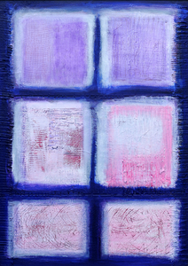 Lagen verf met krassen en reliëf, zo ontstaat een rijke textuur waarin sporen van het maakproces zichtbaar blijven.