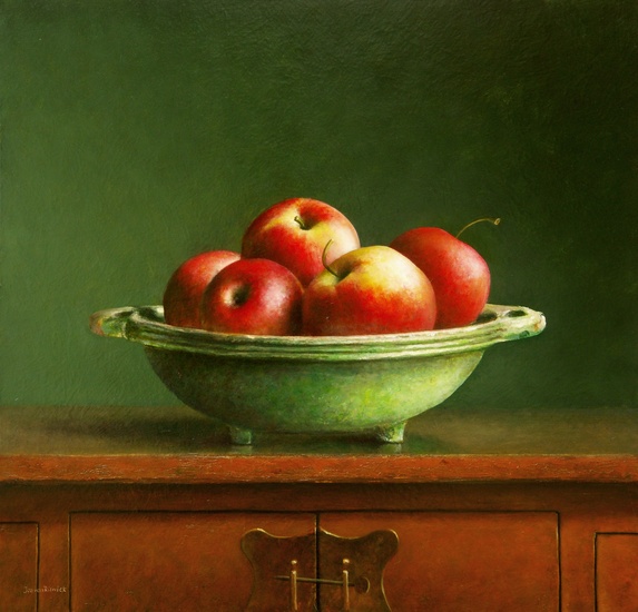 Stilleven met chinese kast en appelen