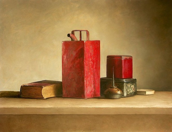 Stilleven met rode oliebus