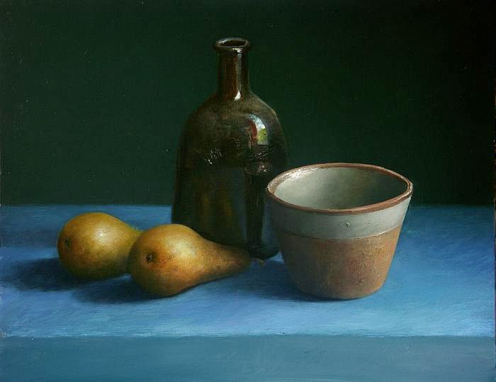 Stilleven met fles en peren