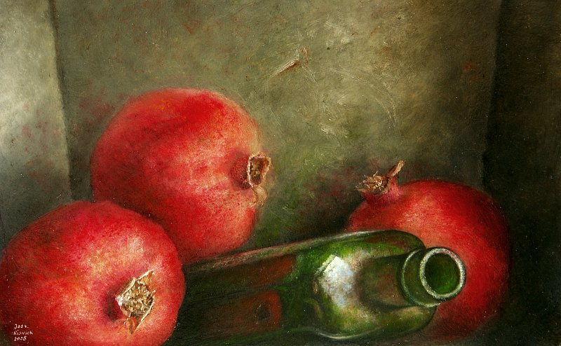 Tromp l oeil stilleven met granaatappels