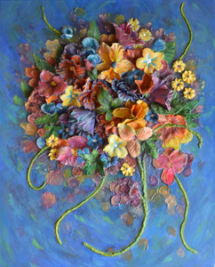 Schilderijen die letterlijk uit het doek komen. Ze zijn gemaakt van stoffen als katoen en wol. Ook wordt er gebruik gemaakt van glas, kralen, schelpen en andere natuurlijke materialen. De schilderijen zijn gehard met paverpol en daarna beschilderd met acrylverf.